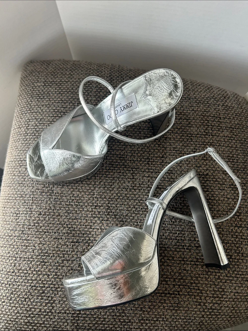 Jimmy Choo Karli 125 Silver Metallic Platform Sandals Disco Glam 39 Disco Glam